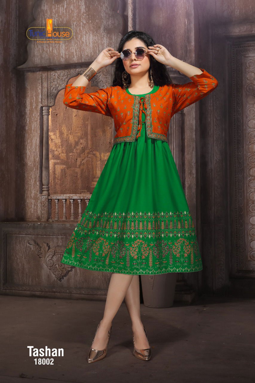 Tunic House Tashan Regular Wear Rayon Printed Anarkali Kurti With Jacket Collection